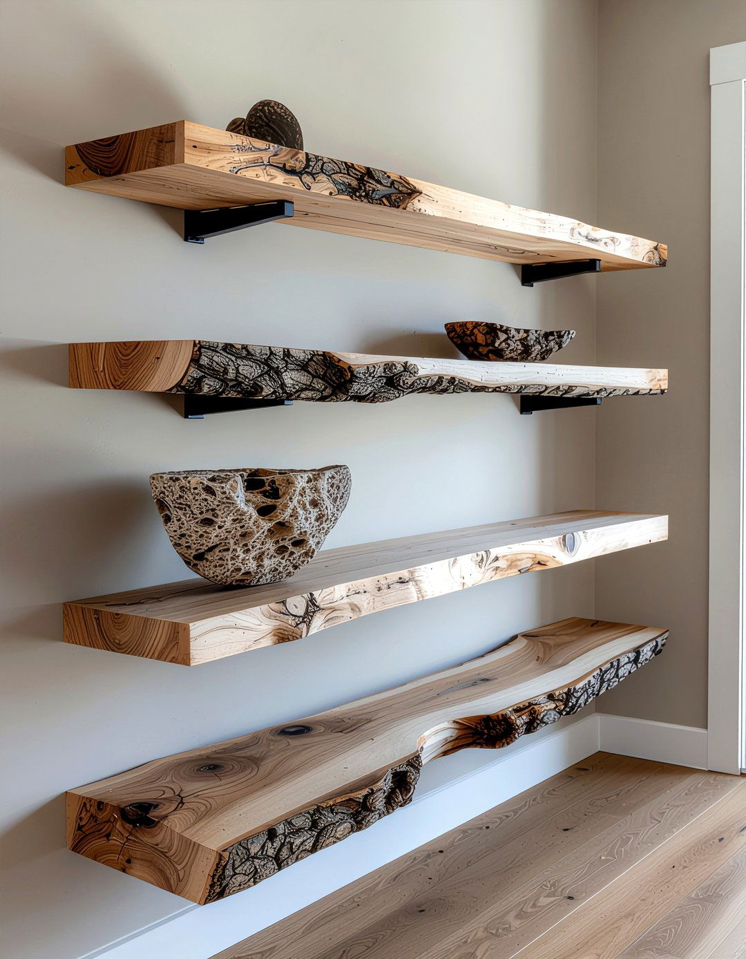 Live Edge Wood Shelves - 30 bedroom wall shelving ideas