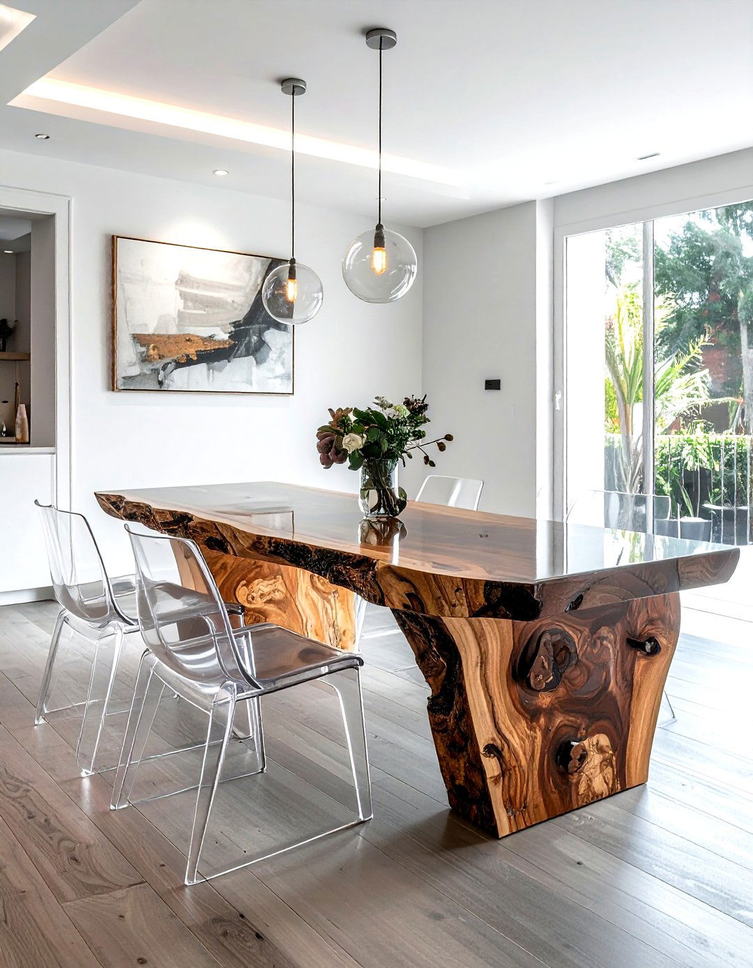 Live edge table with acrylic chairs - 30 live edge dining table ideas