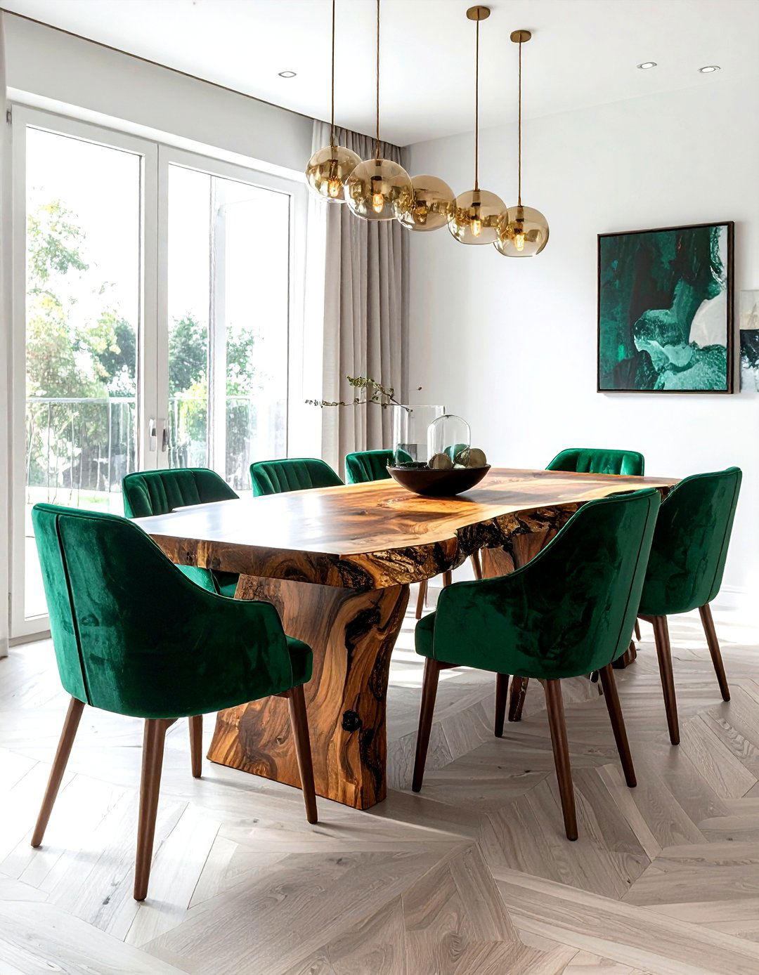 Live edge table with velvet chairs - 30 live edge dining table ideas