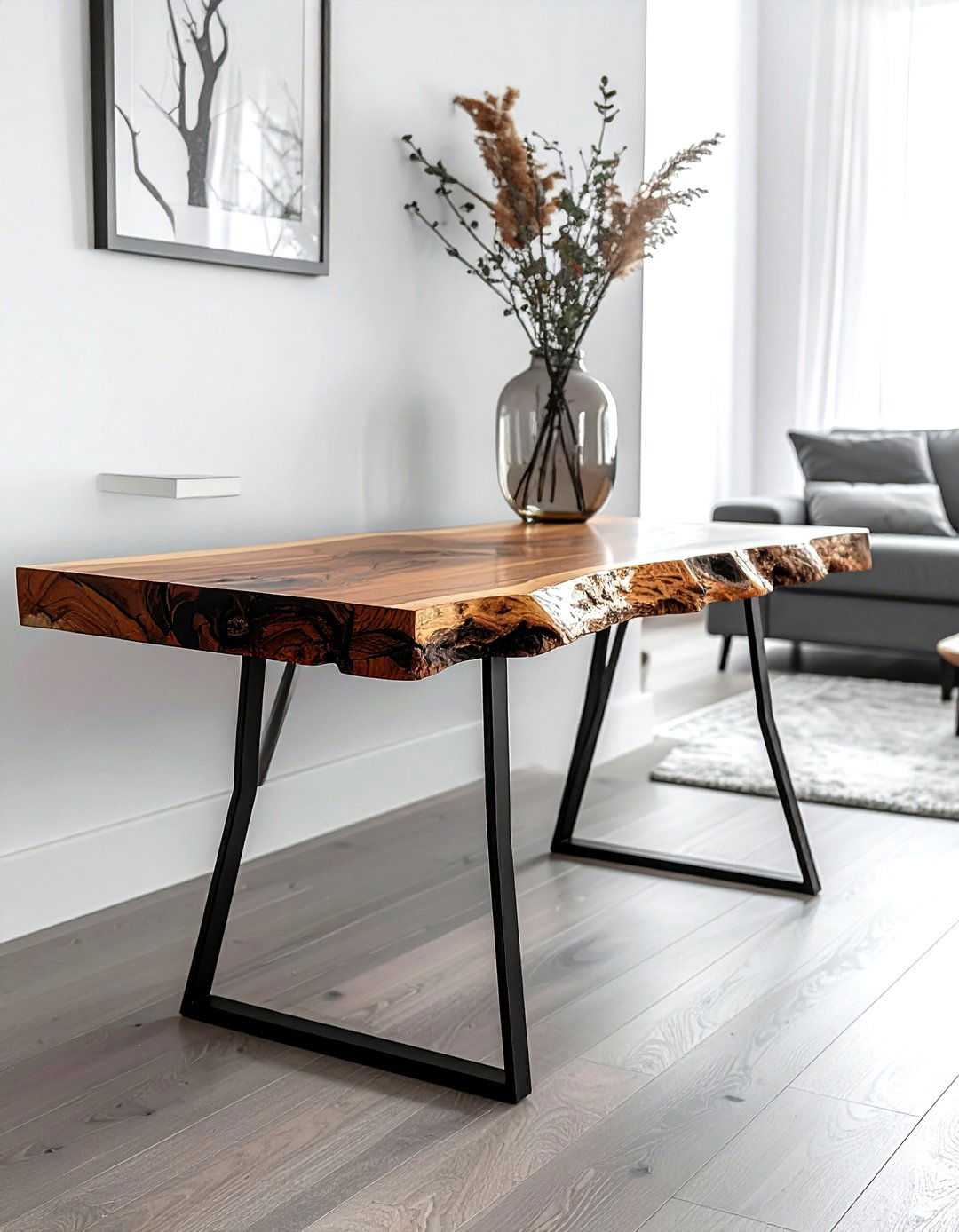 Live edge wood console table - 30 living room sofa table ideas