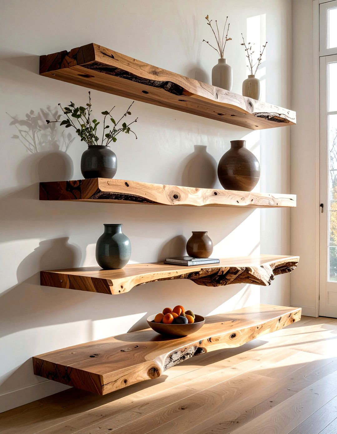 Live edge wood shelves - 30 living room wall shelving ideas