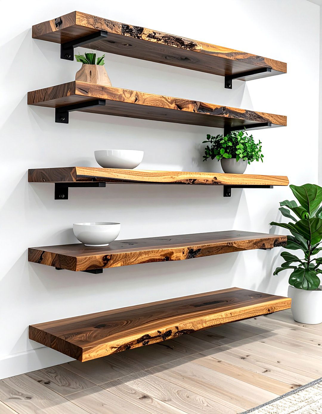 Live edge wood shelves - 30 bathroom wall shelving ideas