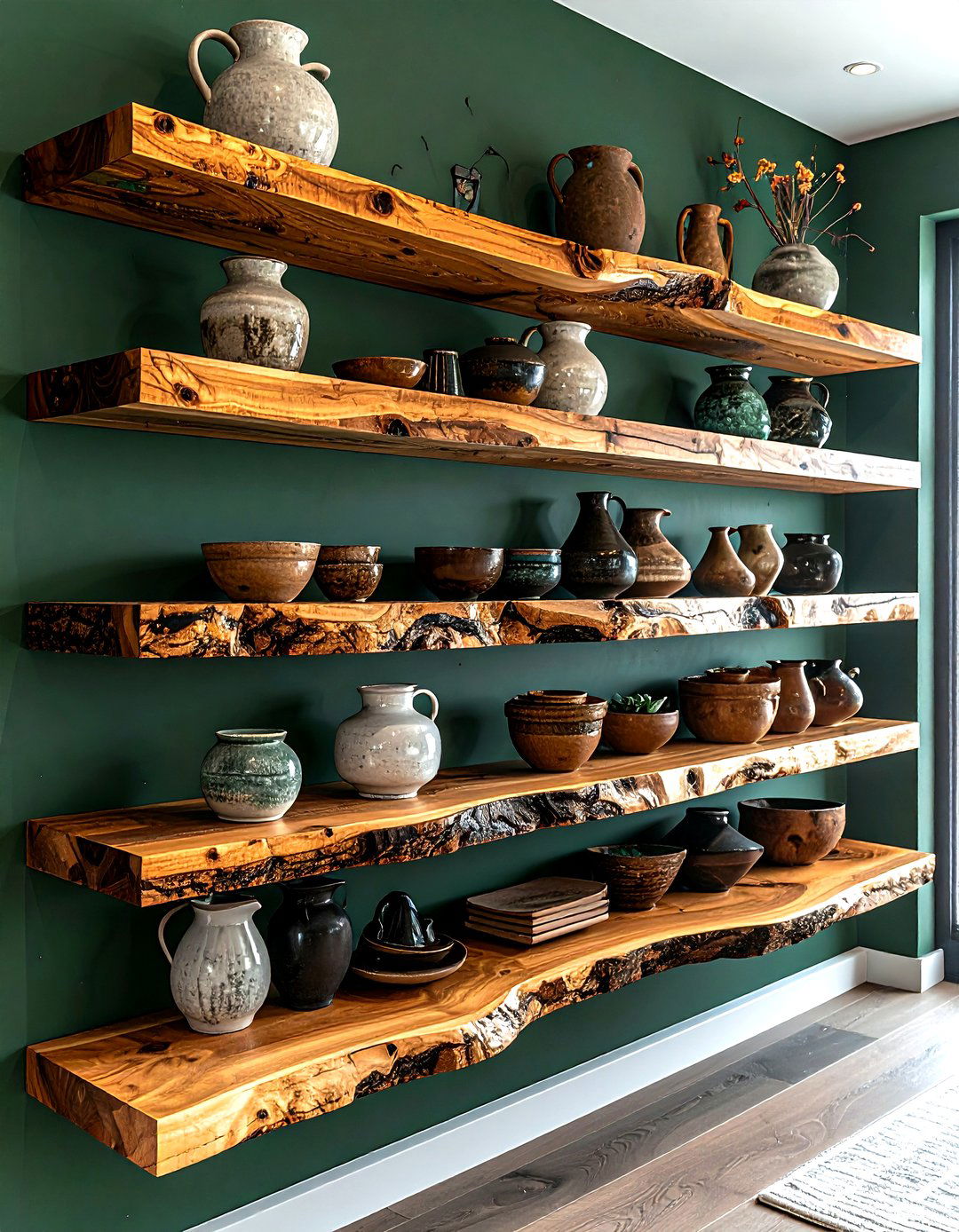 Live edge wood shelving - 30 dining room overhead storage ideas