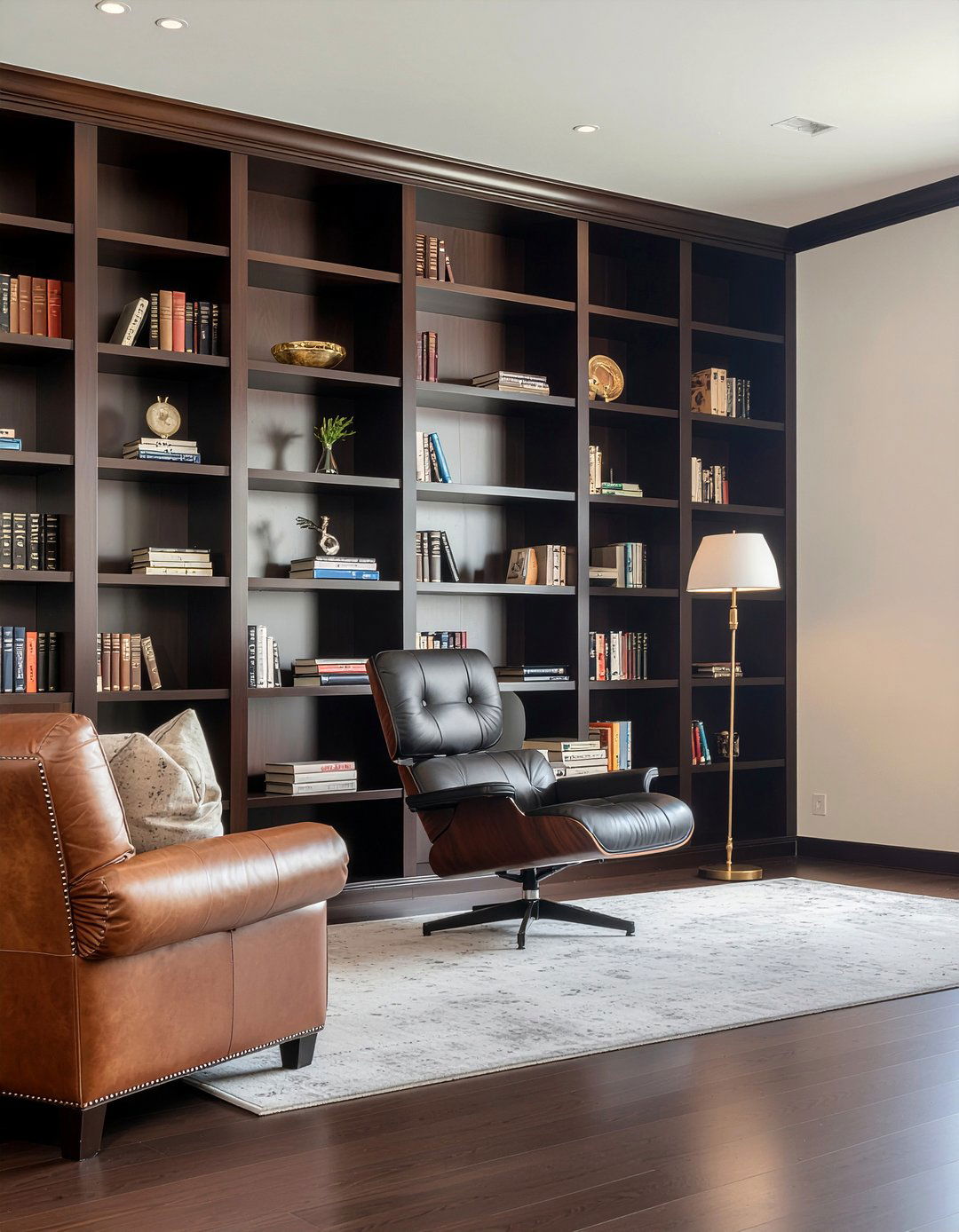 Living room with bookshelf wall - 30 living room furniture arrangement ideas