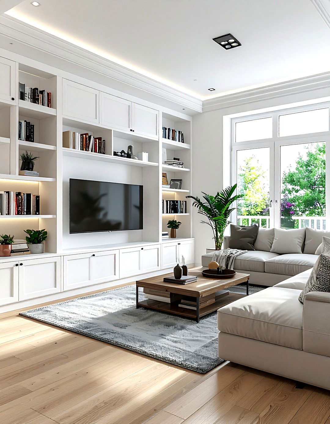 Living room with built in shelving - 30 living room layout ideas