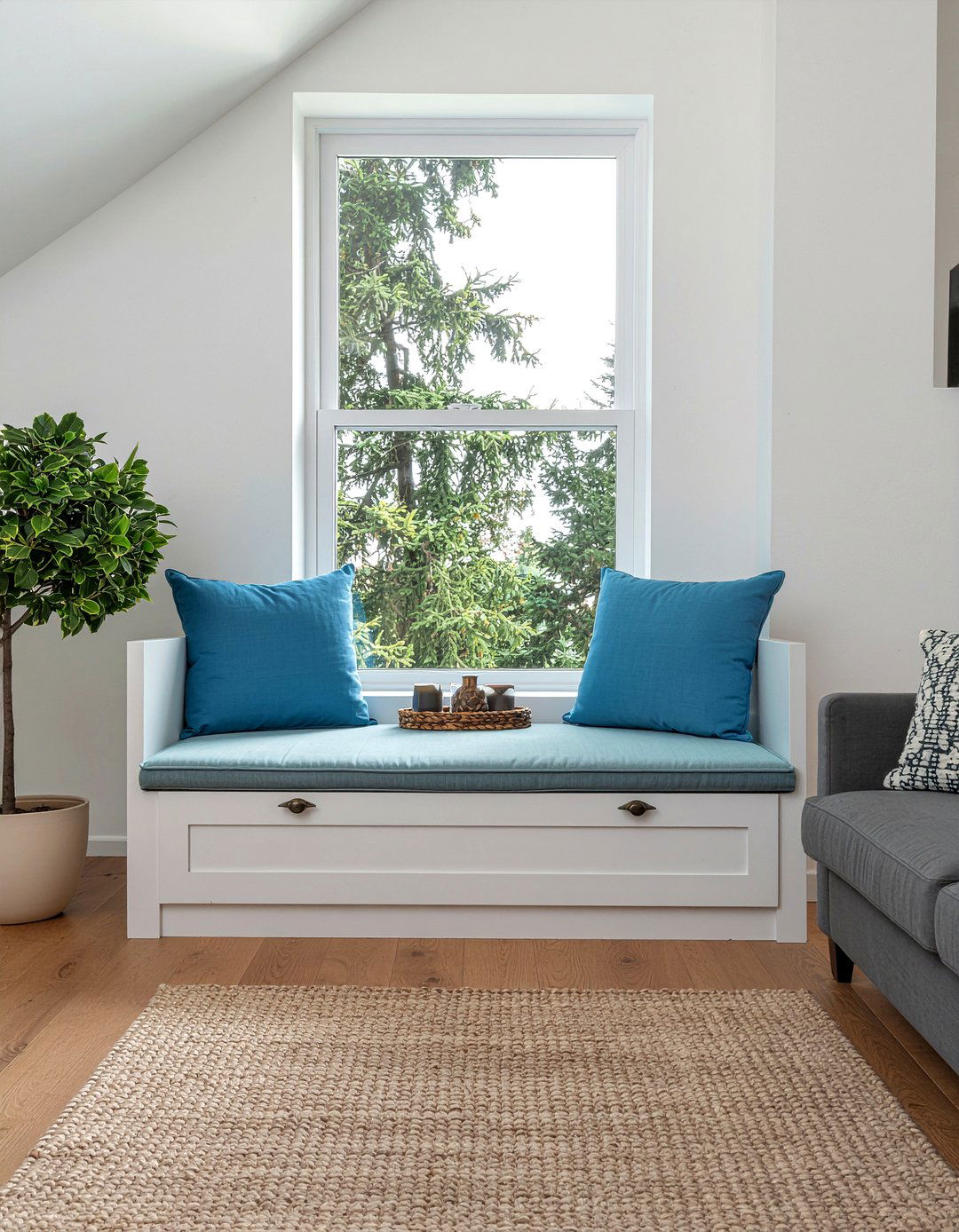 Living room with dormer window - 30 sloped ceiling living room ideas