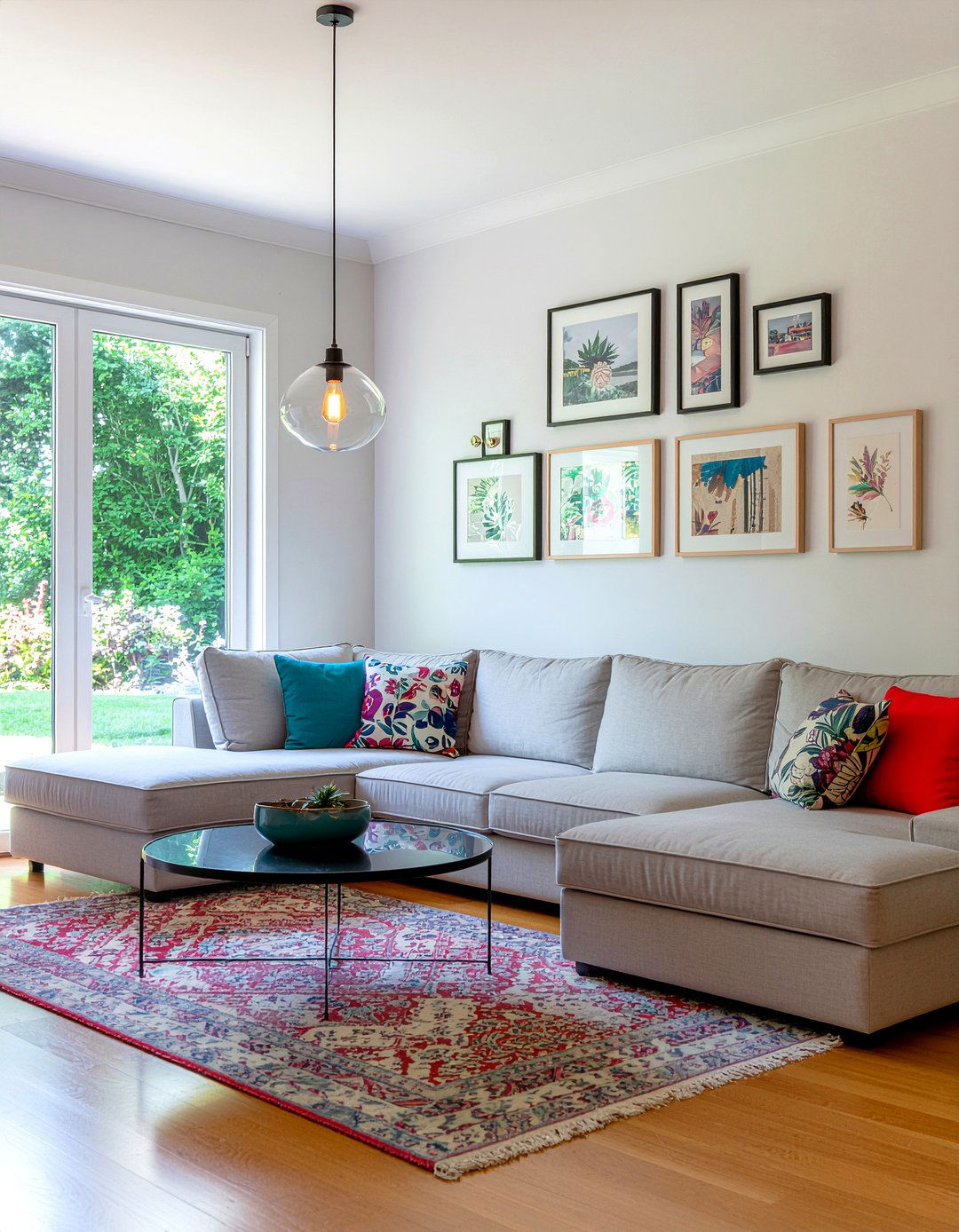 Living room with gallery wall and corner sofa - 30 oddly shaped living room ideas