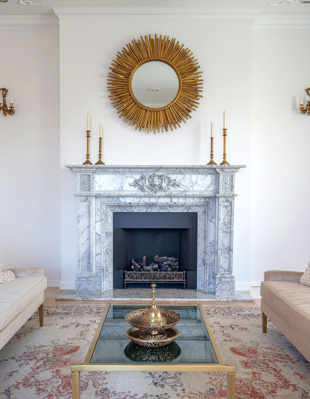 Living room with marble fireplace - 30 traditional living room ideas