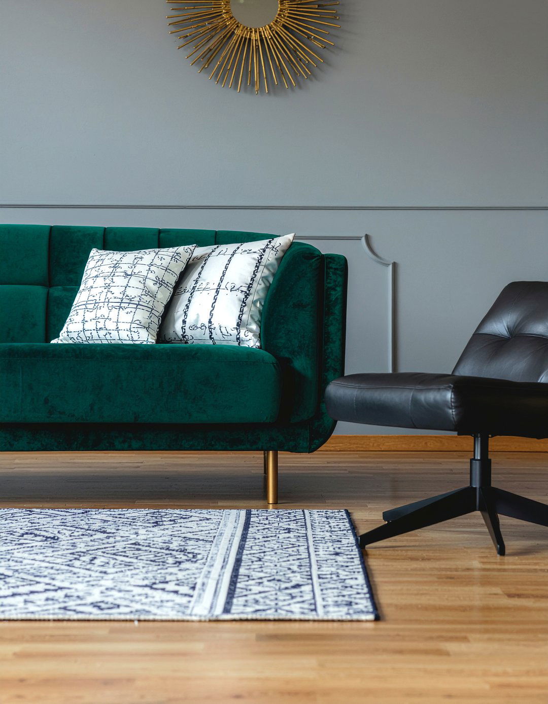 Living room with velvet sofa and Barcelona chair - 30 living room Barcelona chair ideas