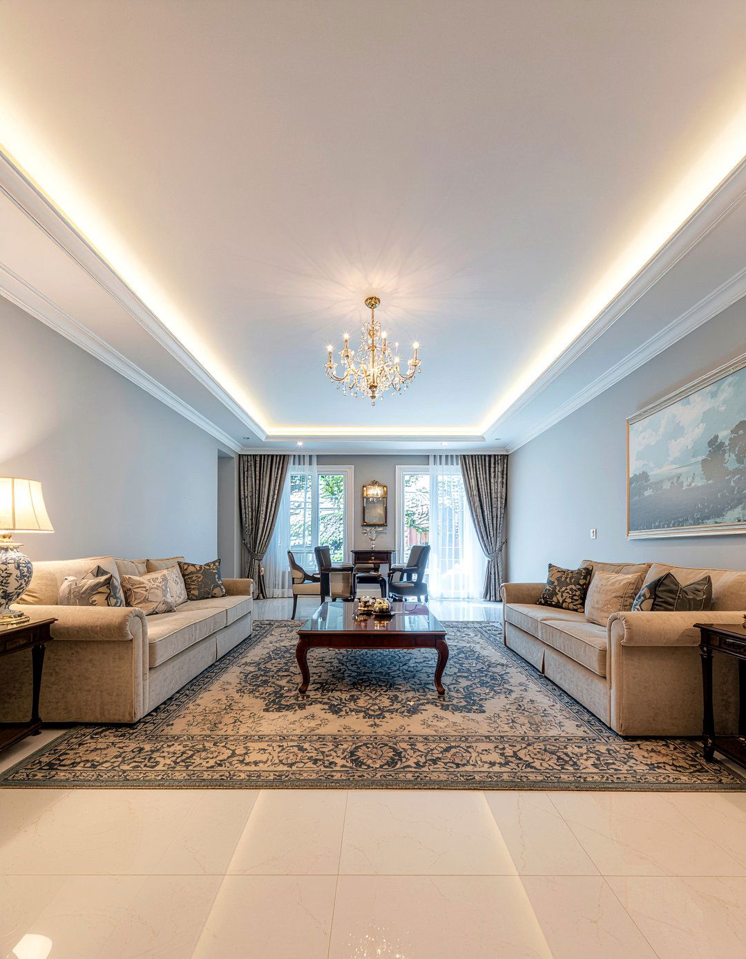 Long living room tray ceiling - 30 long living room ideas