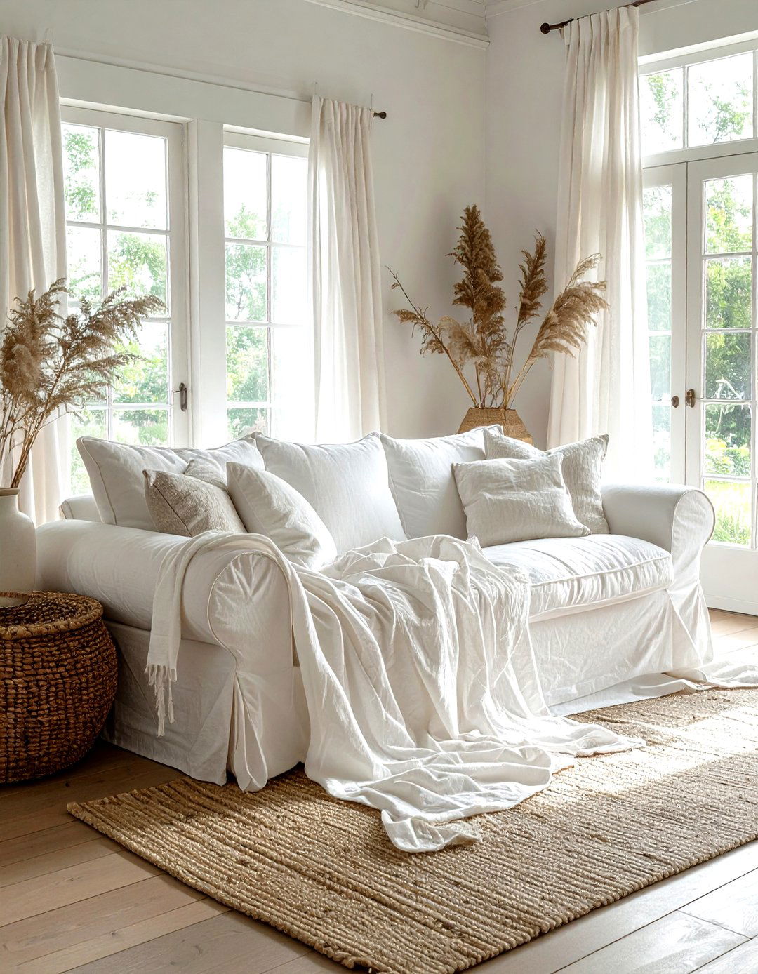 Loose Fit Linen Sofa Cover - 30 living room slipcovered sofa ideas