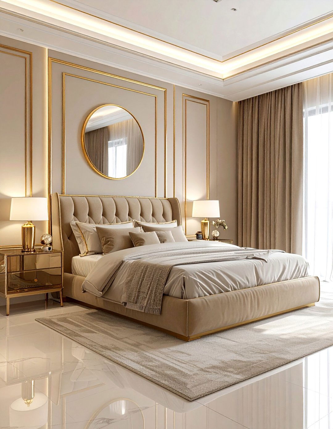 Luxury beige bedroom with gold decor - 30 contemporary beige bedroom ideas