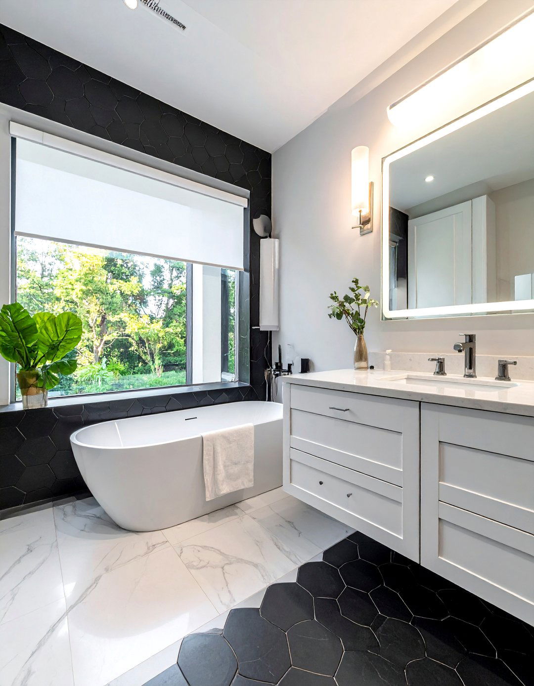 Luxury black hexagon tile master bathroom - 30 black hexagon tile bathroom ideas