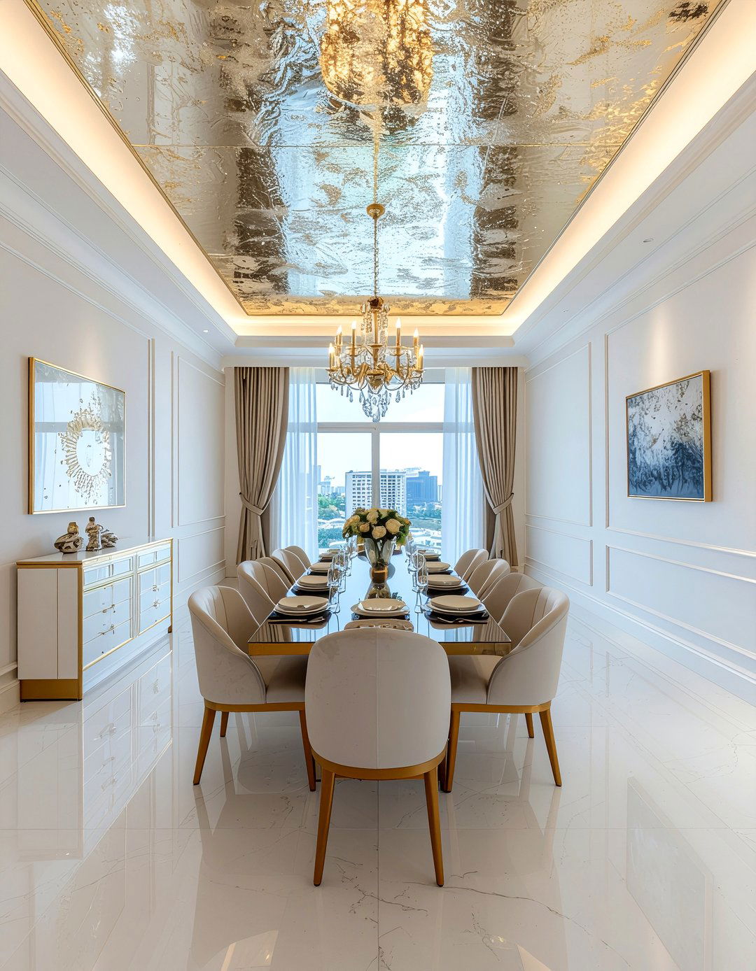 Luxury dining room gold leaf ceiling - 30 dining room vaulted ceiling ideas
