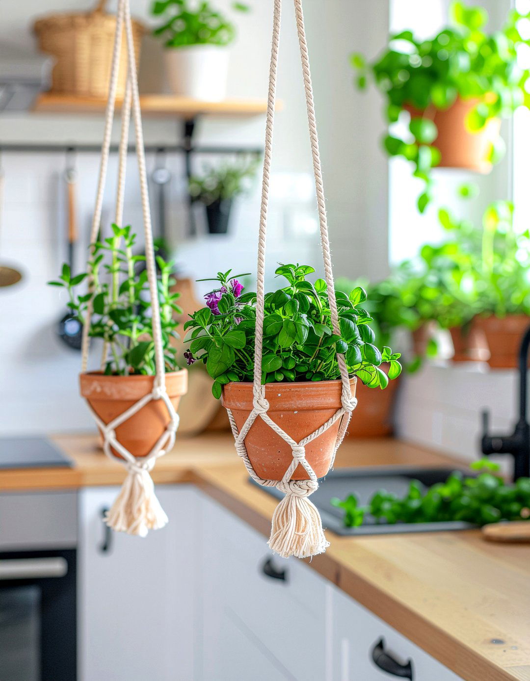 Macrame Herb Plant Hangers - 30 indoor herb garden kitchen ideas