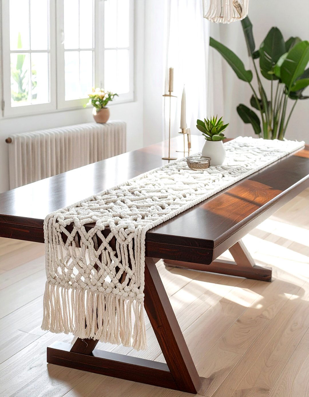 Macrame Runner Mahogany Table - 30 dining room texture layering ideas