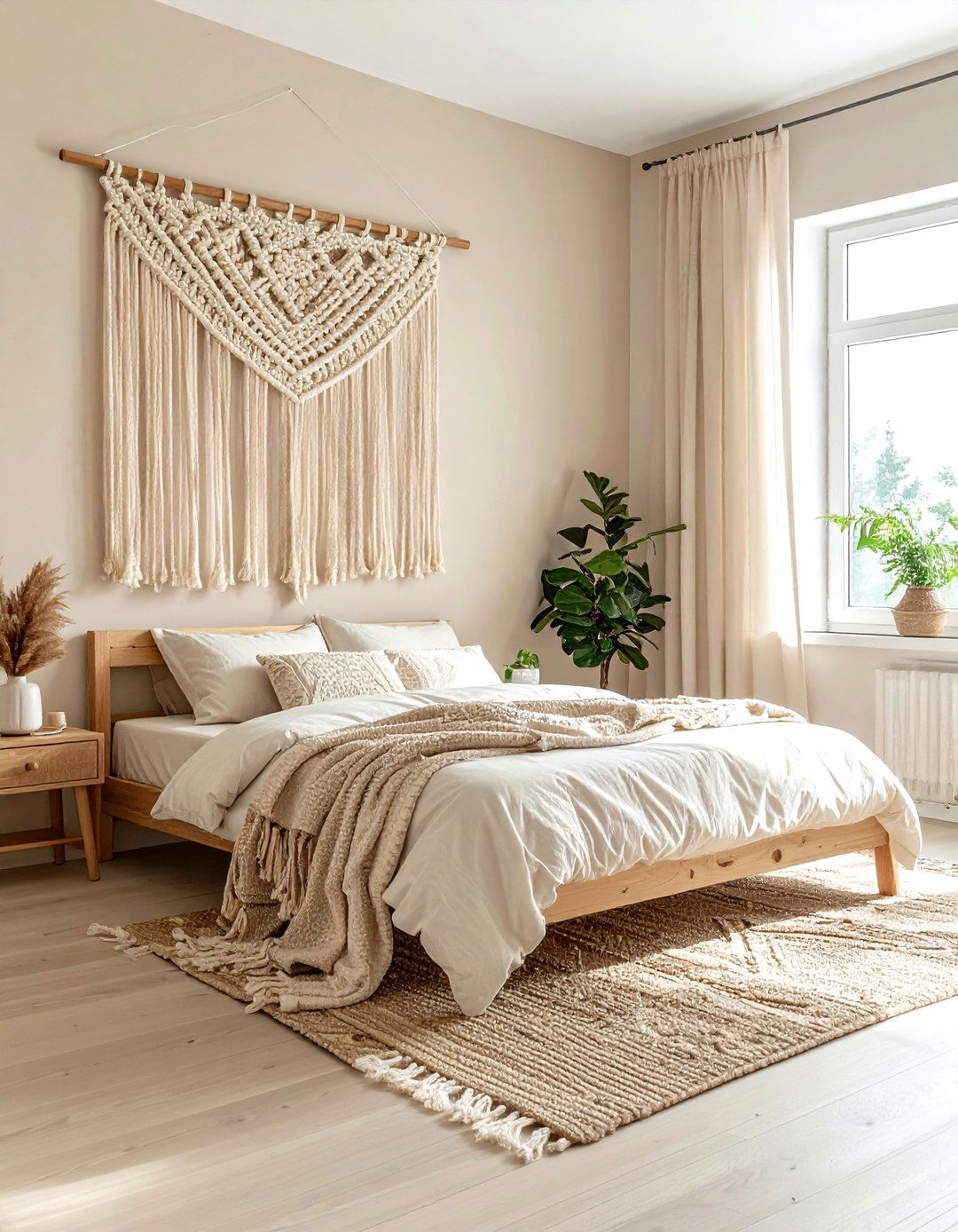 Macrame Wall Decor - 30 bohemian beige bedroom ideas