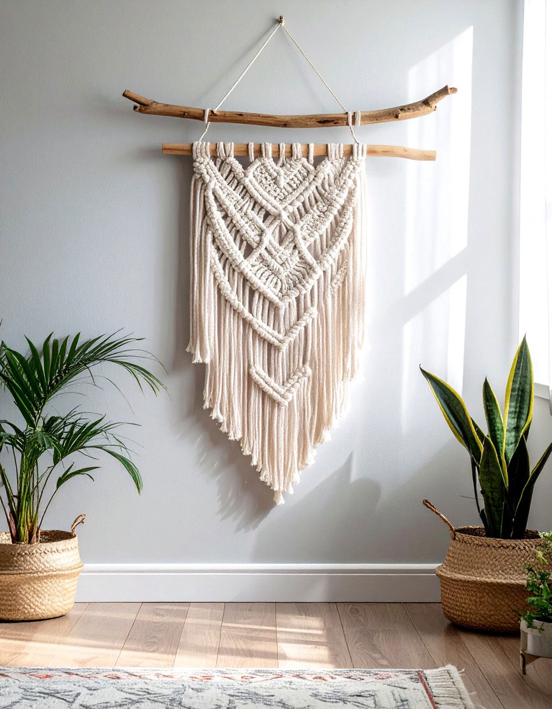Macrame and wood wall hanging - 30 decor texture mixing ideas