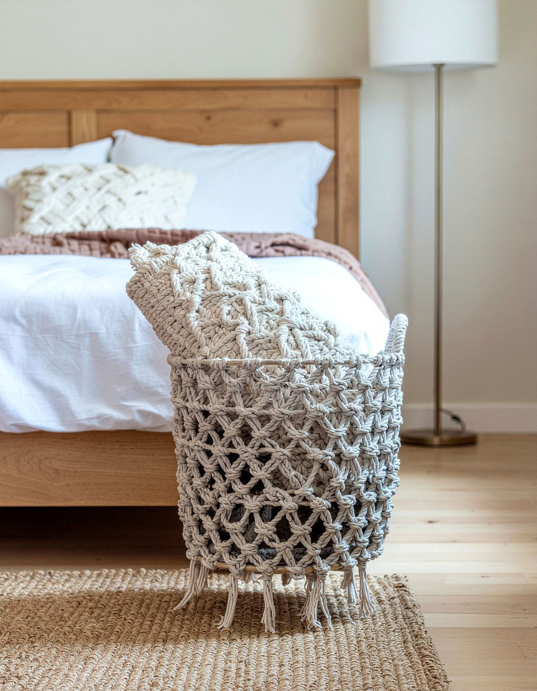 Macrame basket - 30 macrame bedroom ideas