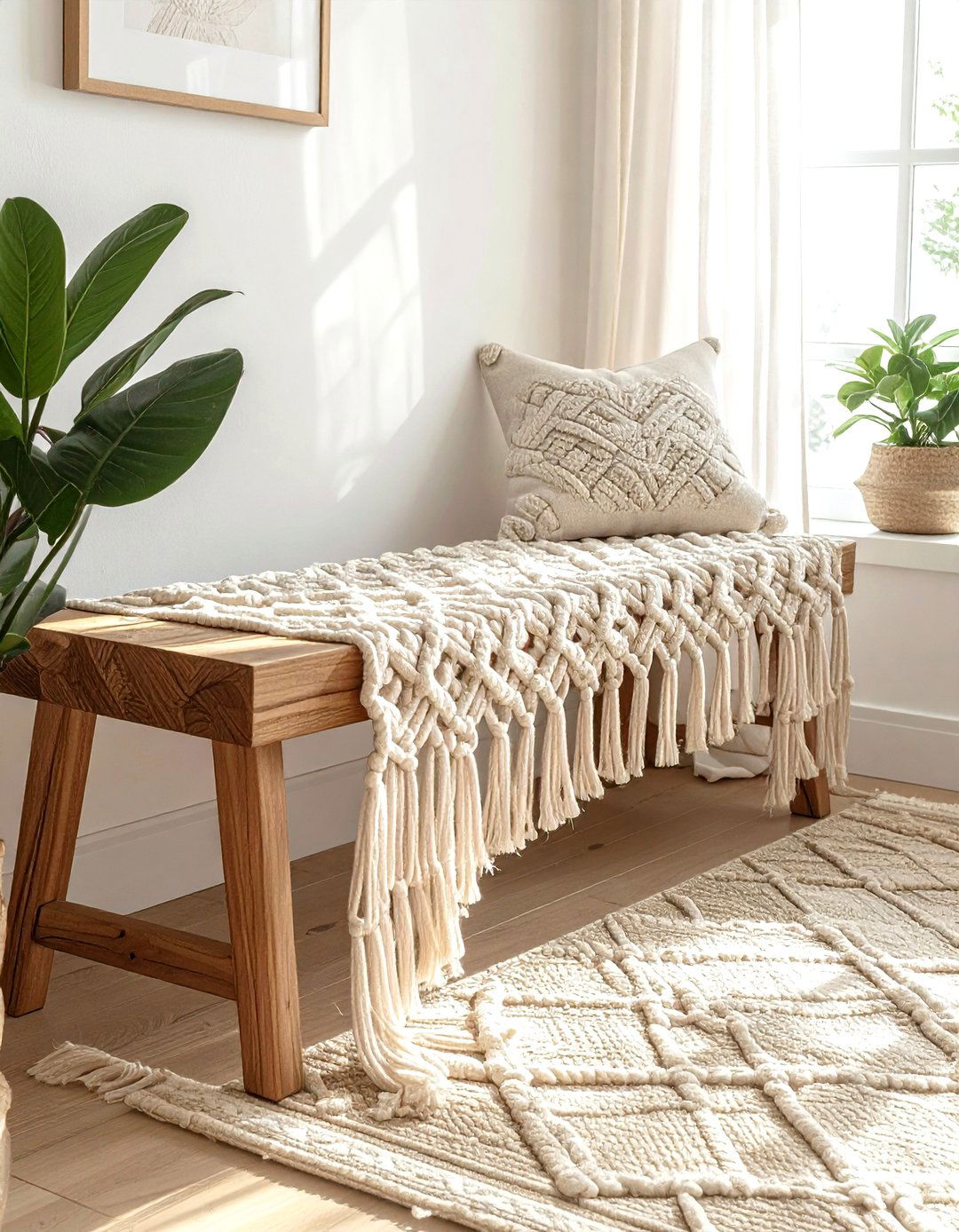 Macrame bench seat cover - 30 macrame living room ideas
