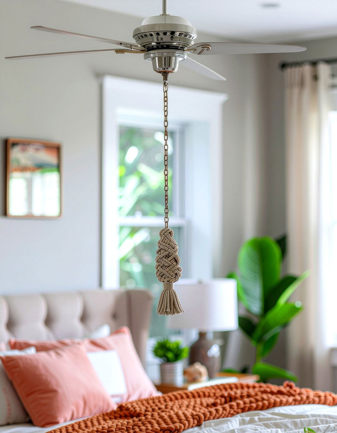 Macrame ceiling fan pull - 30 macrame bedroom ideas