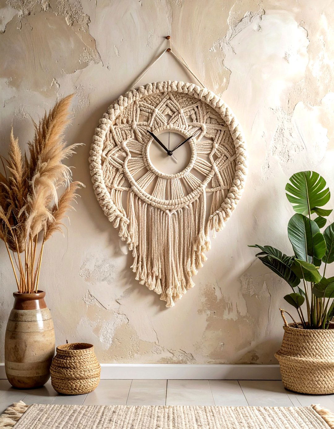 Macrame clock wall art - 30 macrame living room ideas
