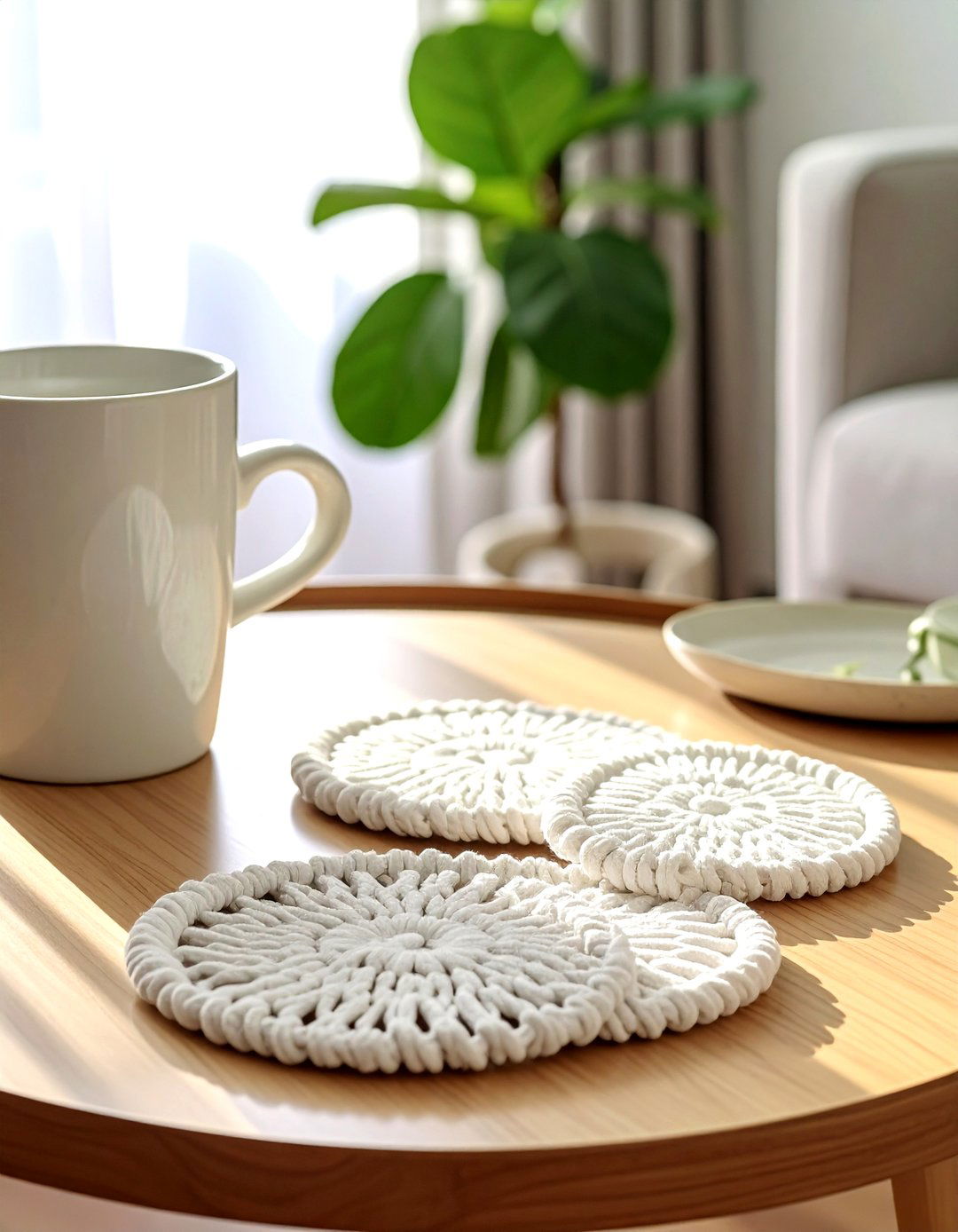 Macrame coasters coffee table - 30 macrame living room ideas