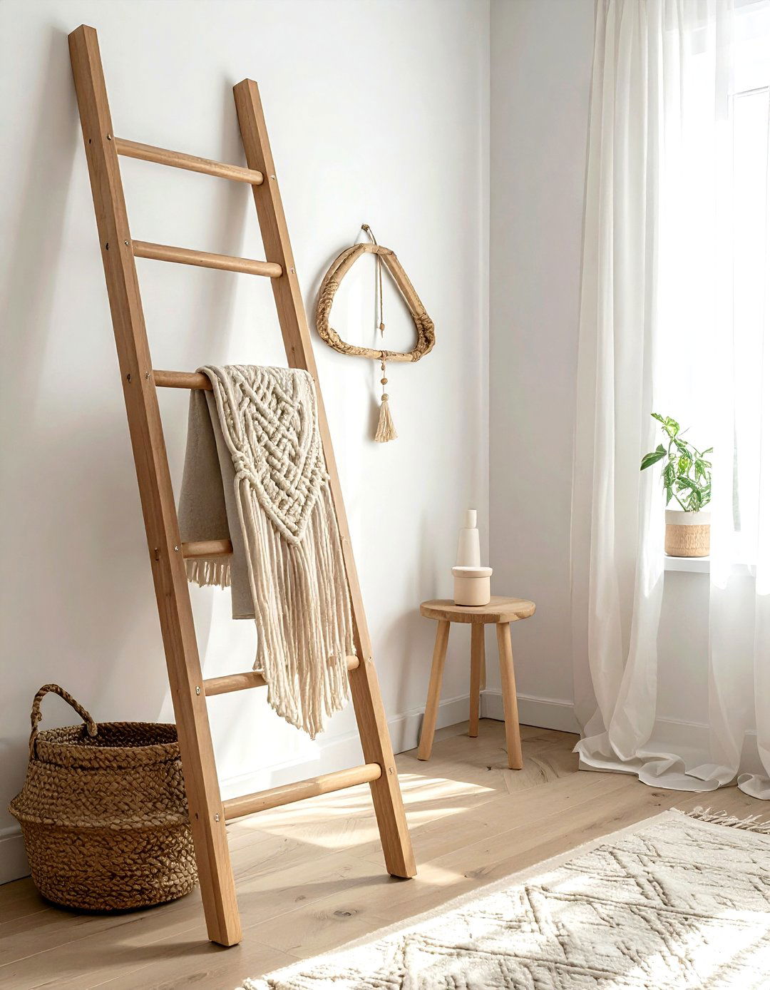 Macrame ladder storage rack - 30 macrame living room ideas