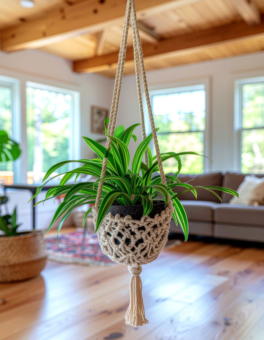 Macrame plant hanger - 30 thrifted living room ideas