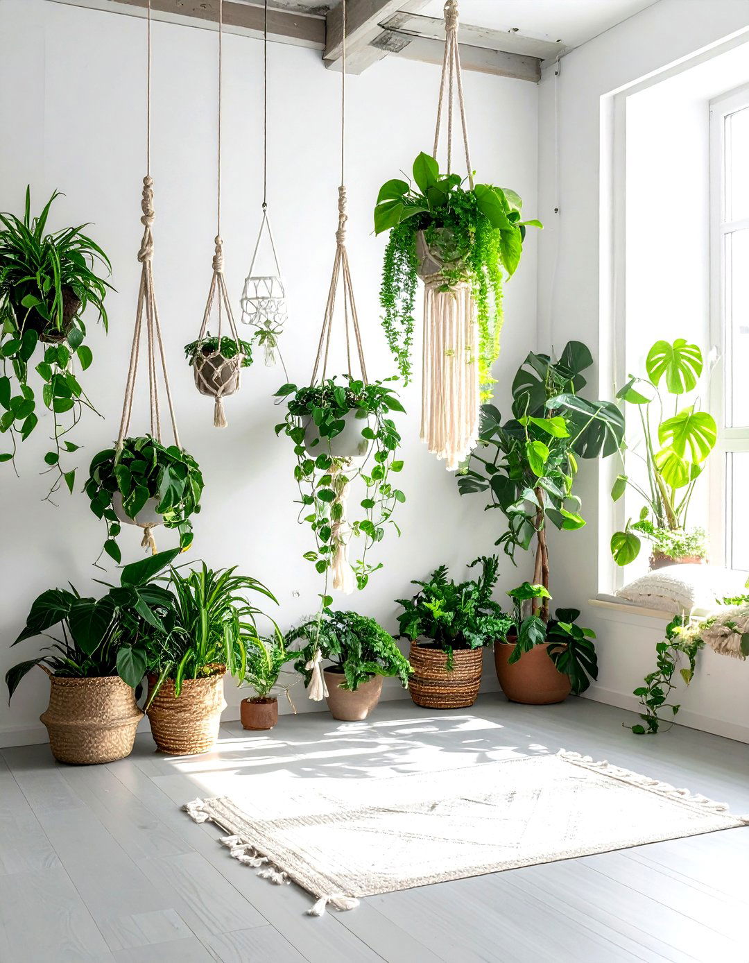 Macrame plant hanger corner - 30 macrame living room ideas