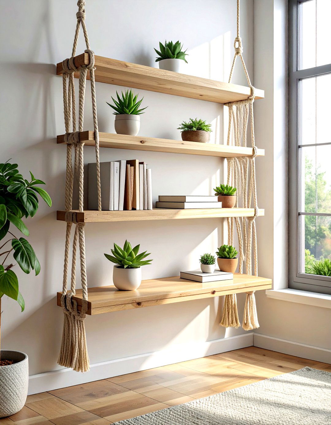 Macrame shelf wall unit - 30 macrame living room ideas