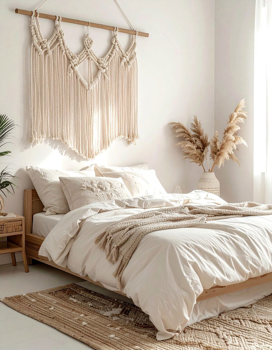 Macrame wall hanging - 30 bohemian cream bedroom ideas