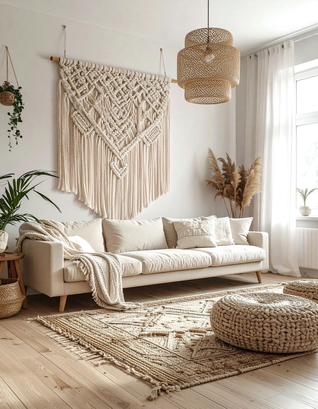 Macrame wall hanging living room - 30 bohemian beige living room ideas