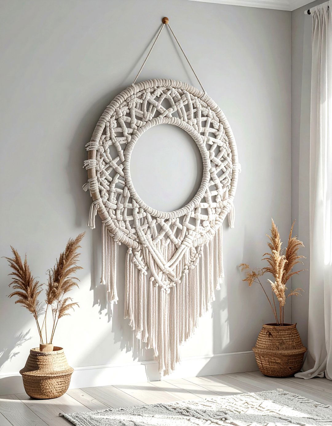 Macrame wreath wall hanging - 30 macrame living room ideas