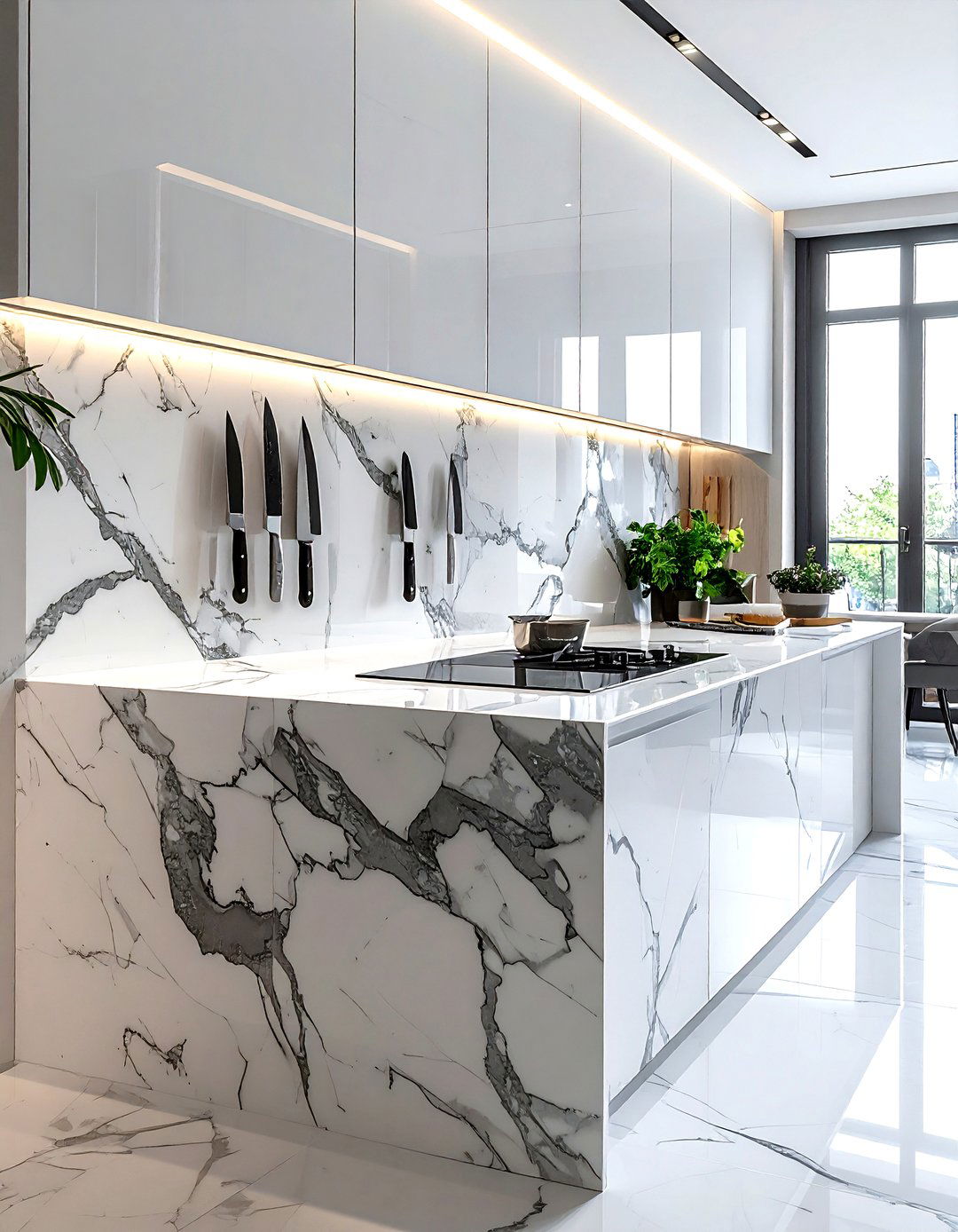 Magnetic Knife Strip Integrated Into Marble Backsplash - 30 magnetic knife strip kitchen ideas
