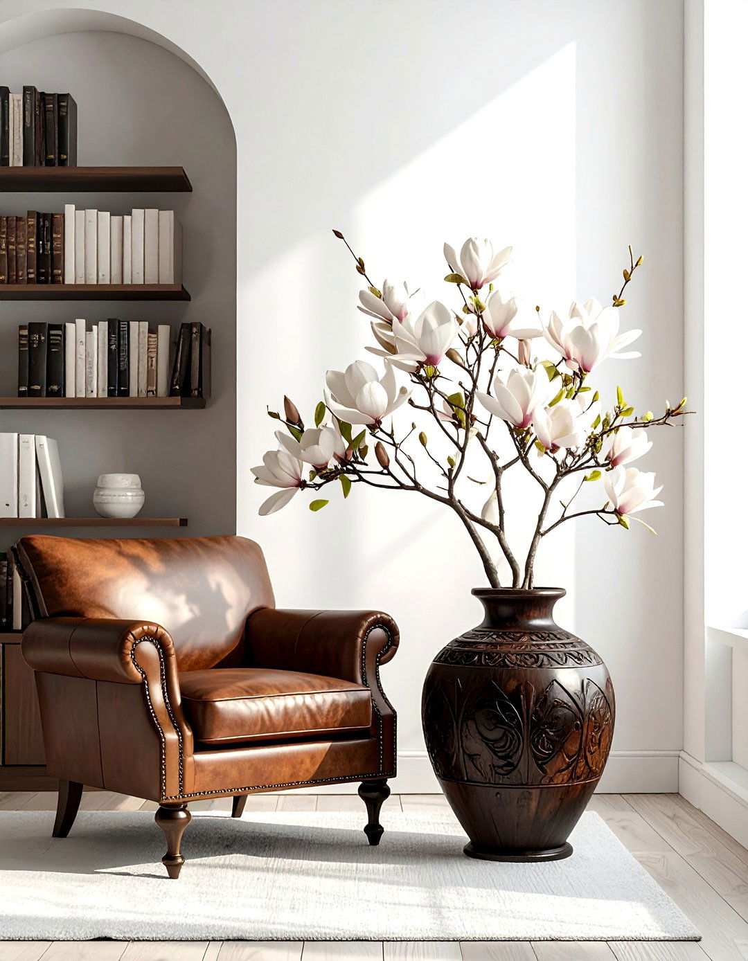 Magnolia leaves in wooden vessel - 30 vase arrangement ideas