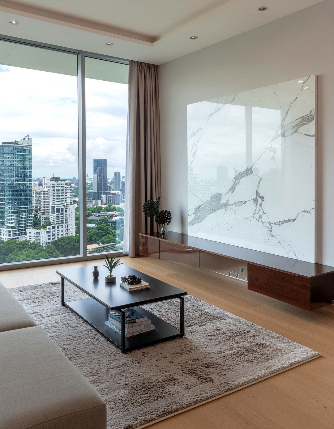 Marble Back Panel TV Unit - 30 living room floating tv unit ideas