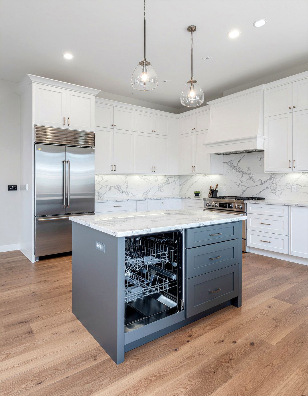 Marble Countertop Island - 30 panel-ready dishwasher kitchen ideas