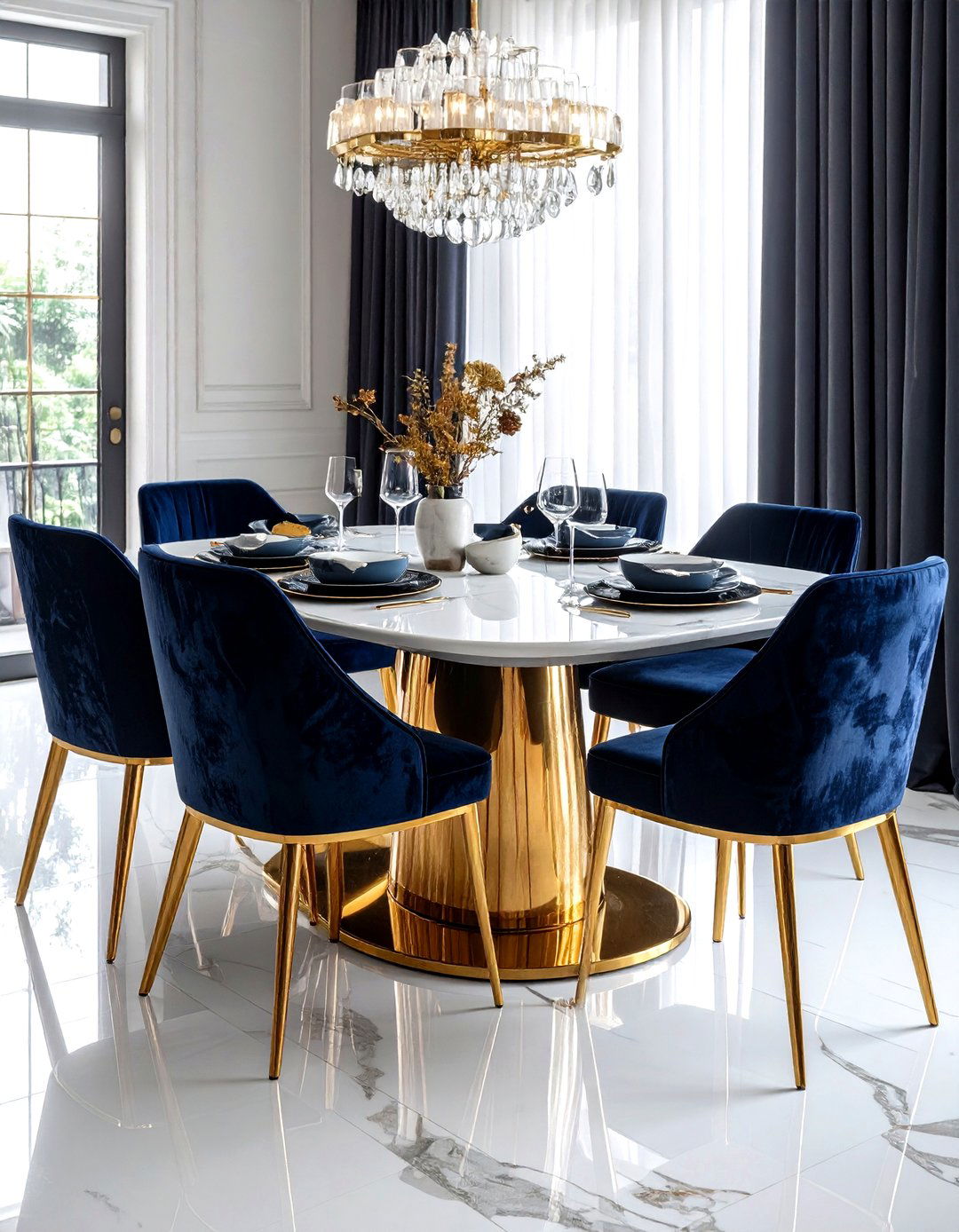 Marble Dining Table Gold Base Navy Chairs - 30 navy gold dining room ideas
