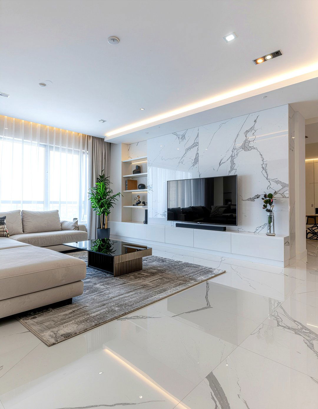 Marble Effect Media Wall - 30 living room media wall ideas