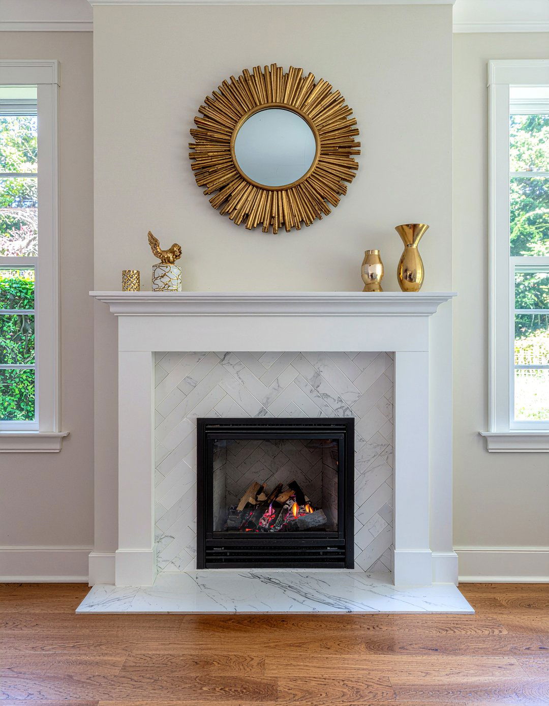 Marble Herringbone Tile - 30 living room fireplace tile ideas