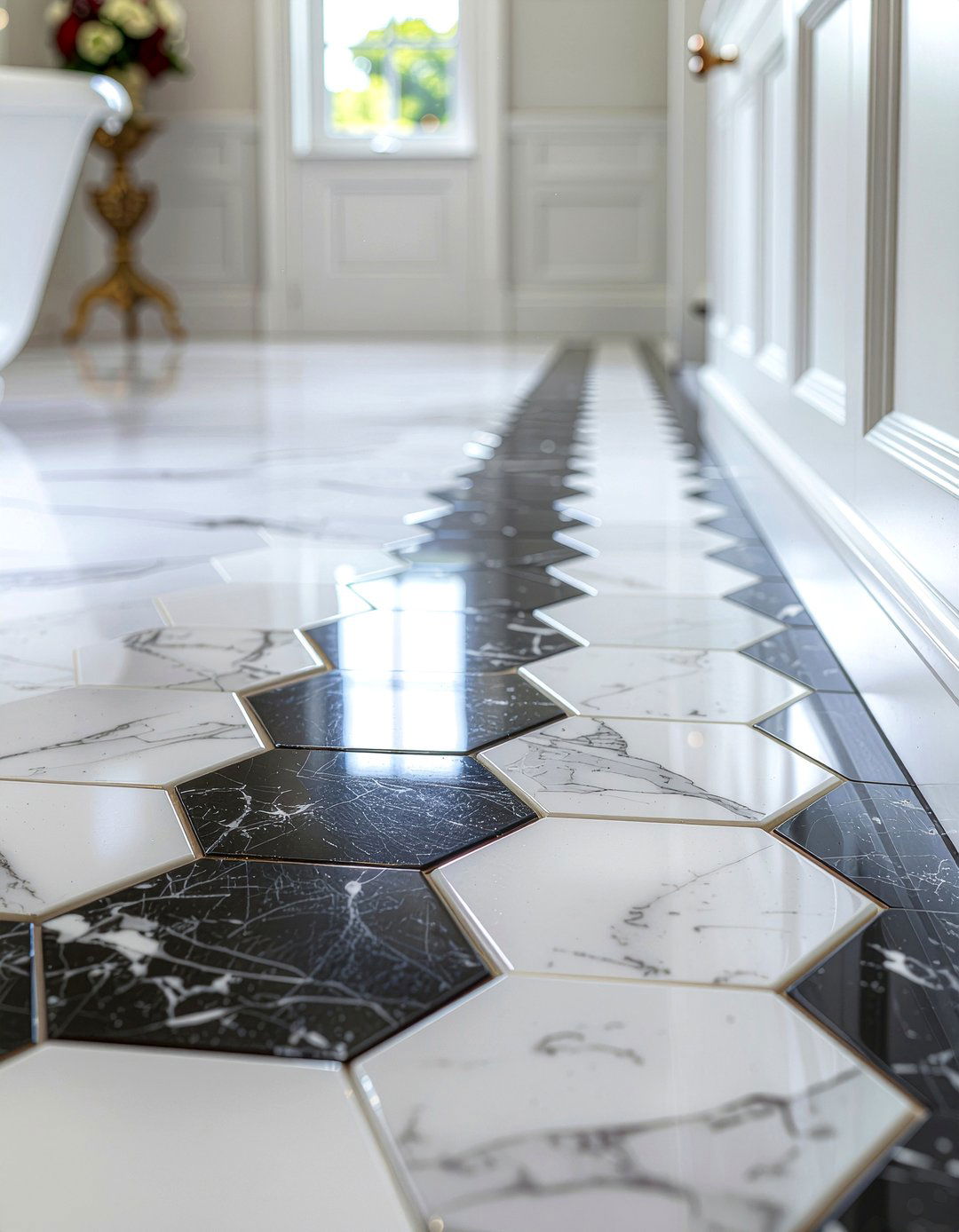 Marble Hexagon Tile Border Detail - 30 marble hexagon tile bathroom ideas