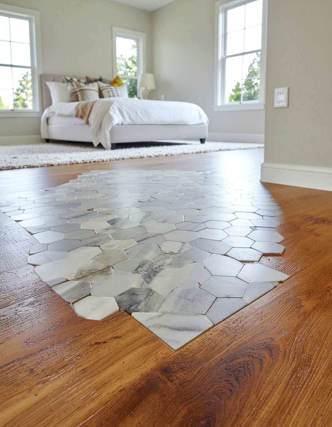 Marble Hexagon Tile Transition To Wood - 30 marble hexagon tile bathroom ideas