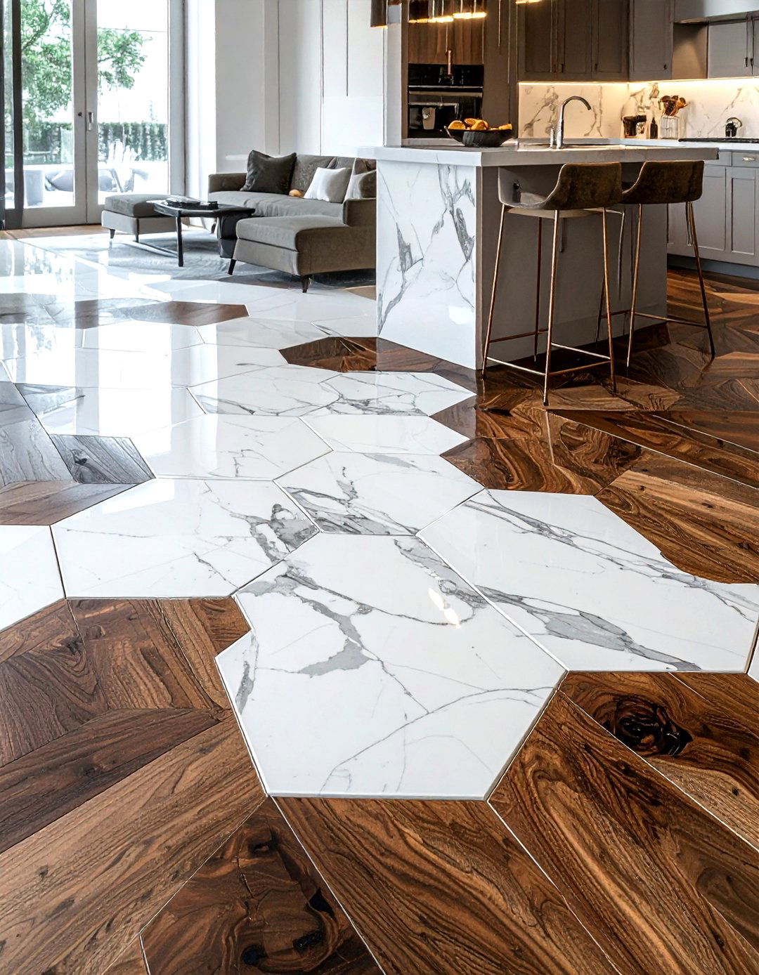 Marble Hexagon Wood Inlay - 30 hexagon floor kitchen ideas