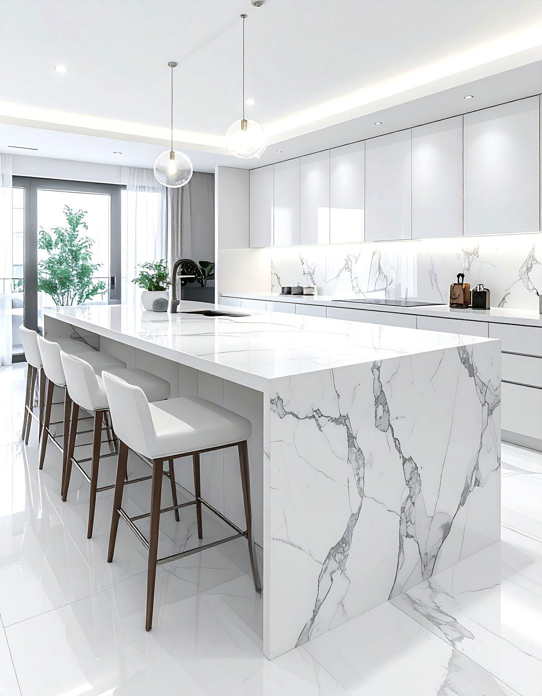 Marble Kitchen Island - 30 white and white kitchen ideas