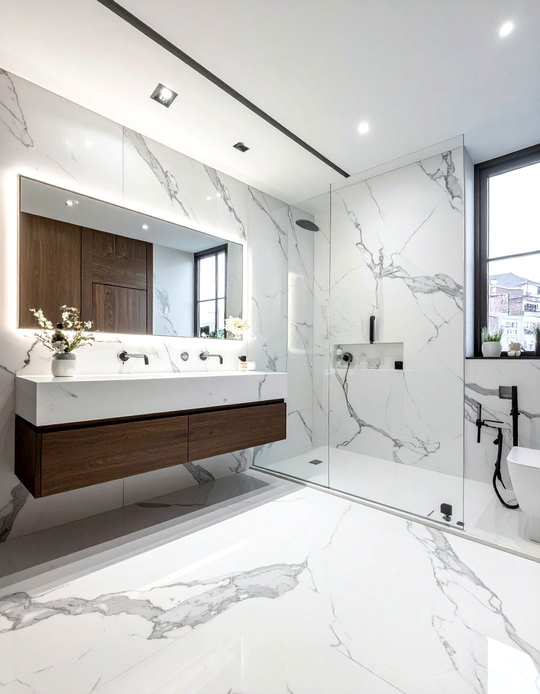 Marble Wall Slab - 30 studio apartment bathroom ideas