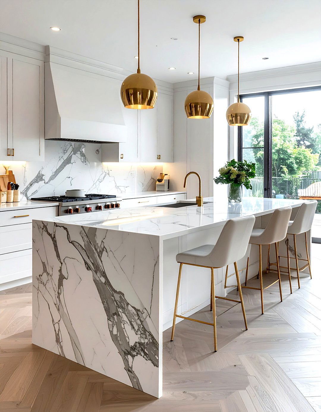 Marble Waterfall Island - 30 L-shaped kitchen island ideas