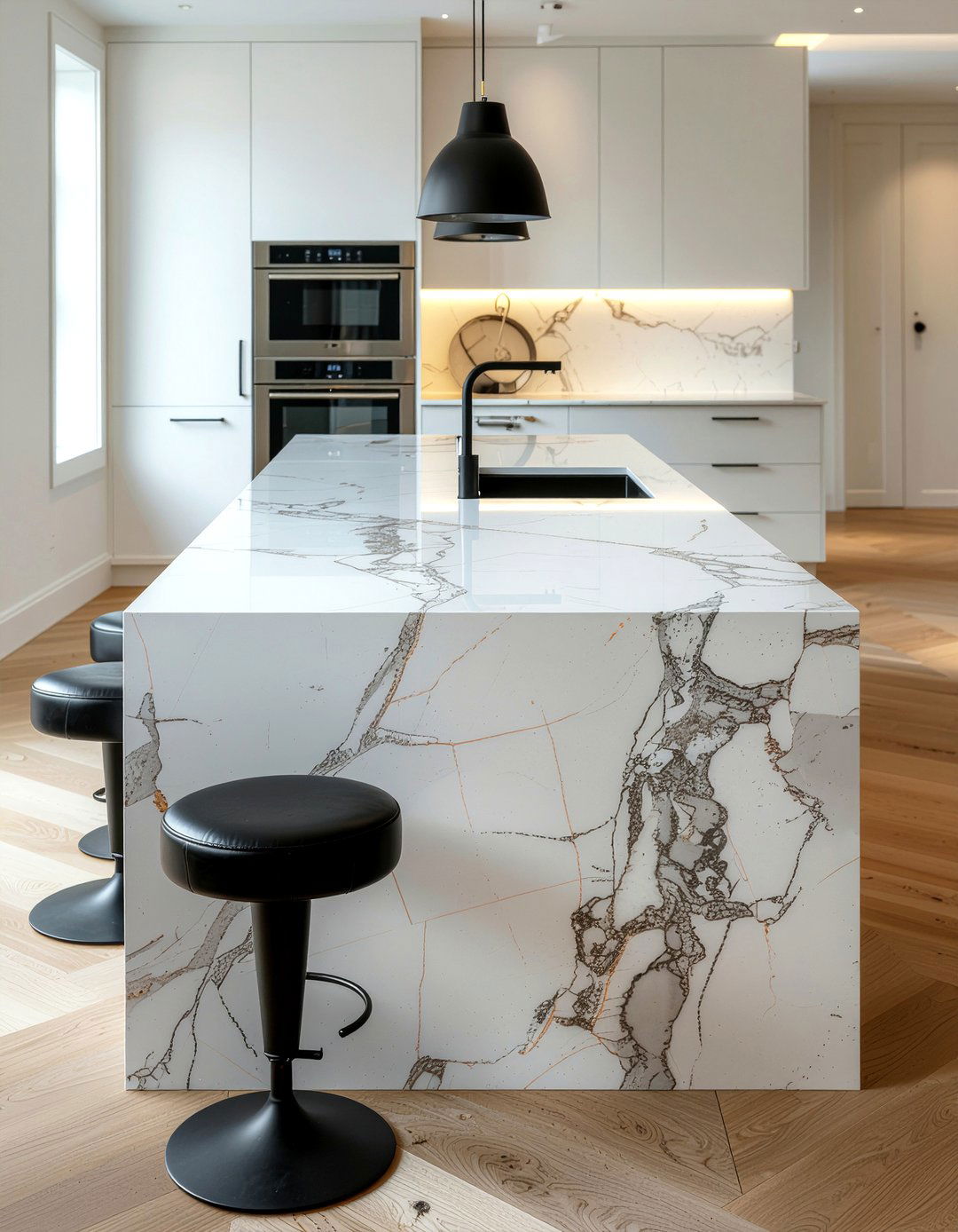 Marble Waterfall Island - 30 large kitchen ideas