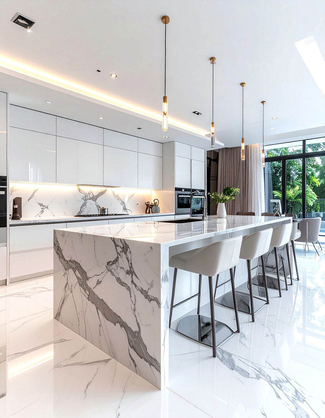 Marble Waterfall Island - 30 photo-ready kitchen ideas