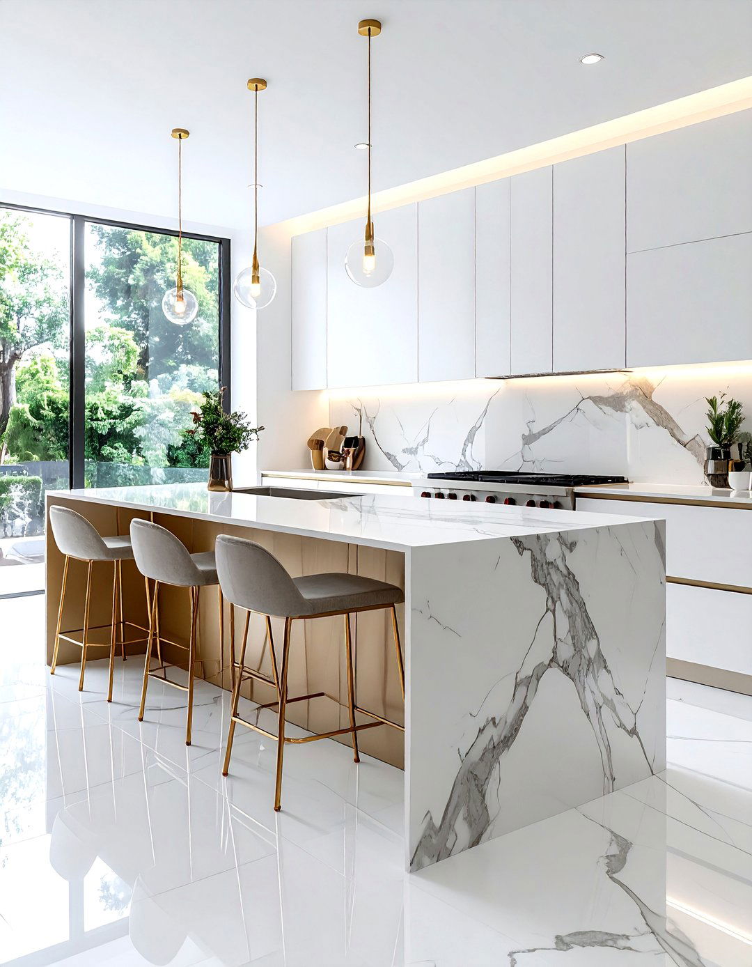 Marble Waterfall Island - 30 viral kitchen ideas
